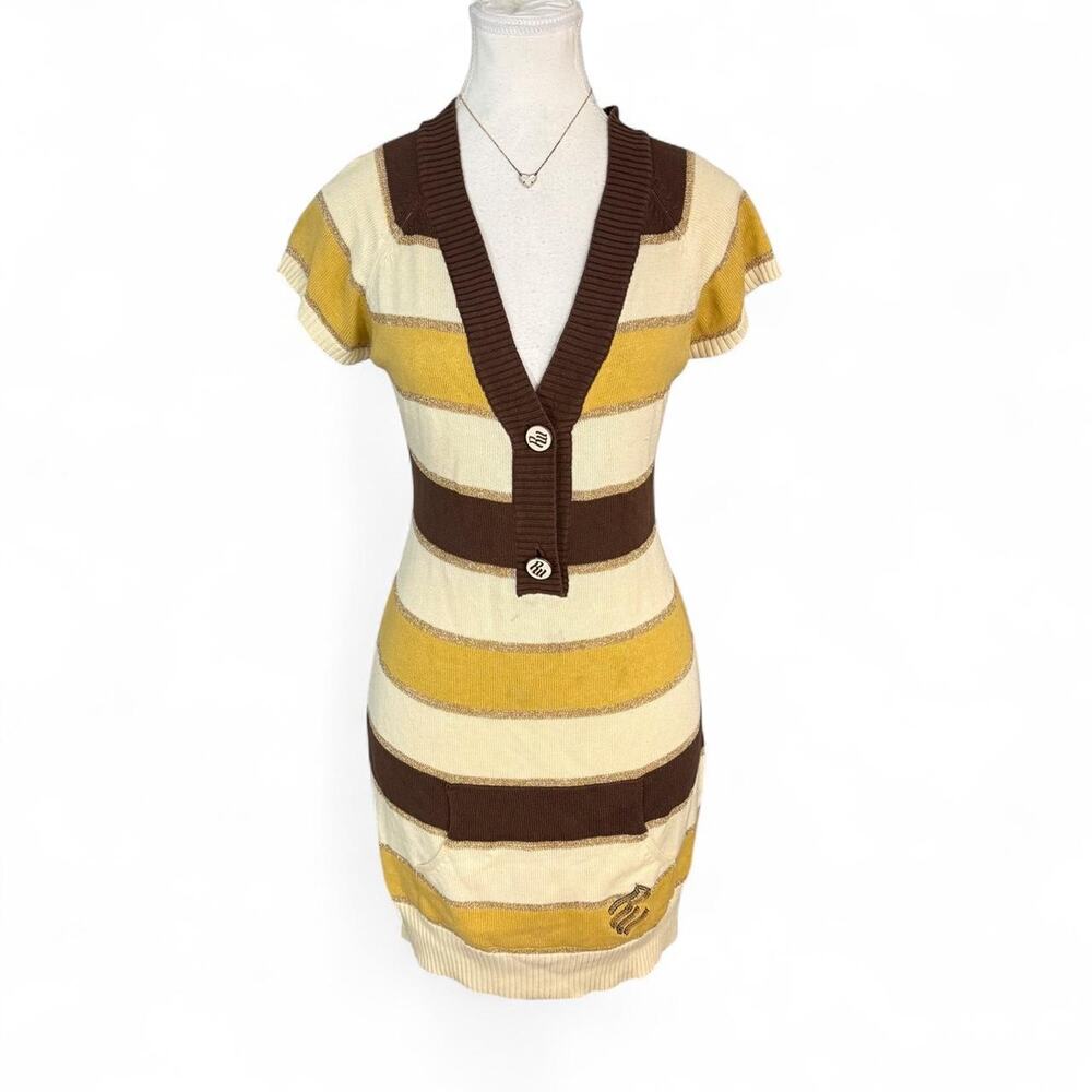 Y2K Rocawear vintage striped body con brown yellow striped sweater dress large